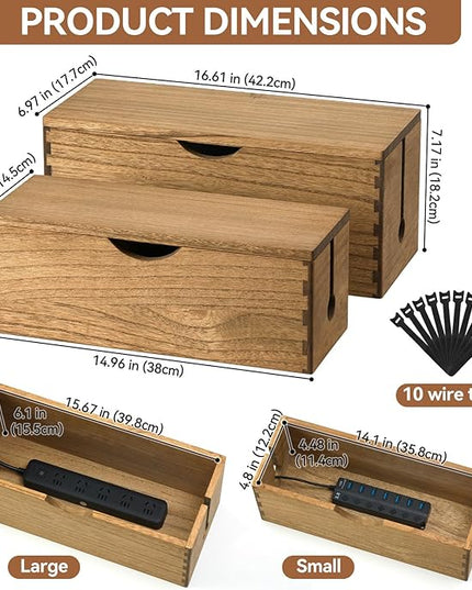 KIRIGEN Cable Management Box Wooden Cord Organizer Hide Power Strip Desk Wires Protector for Home Office TV Computer (DXH2T-DBR)