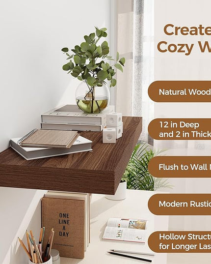12 Inch Deep Floating Shelves, 24 x 12 Floating Shelf for Books, Rustic Wood Deep Wall Shelves for Home Storage & Display, 2" Thicked Shelves for Kitchen, Living Room, Bedroom, Walnut Color, 2 Pack