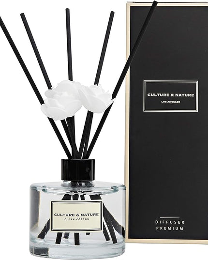 CULTURE & NATURE Reed Diffuser Set 6.7oz (200ml) Clean Cotton Scented Diffuser with Sticks Home Fragrance Reed Diffuser for Bathroom Shelf Decor