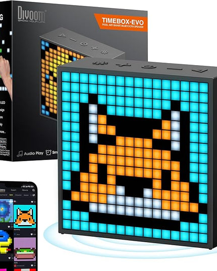 Divoom TimeBox Evo -- Pixel Art Bluetooth Speaker with 16x16 LED Display APP Control - Cool Animation Frame & Gaming Room Setup & Bedside Alarm Clock- Black