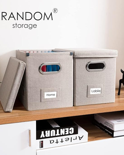 PRANDOM File Organizer Box - Set of 2 Collapsible Decorative Linen Filing Storage Hanging File Folders with Lids Office Cabinet Letter Size Light Grey (14x9.3x10.8 inch)