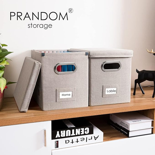 PRANDOM File Organizer Box - Set of 2 Collapsible Decorative Linen Filing Storage Hanging File Folders with Lids Office Cabinet Letter Size Light Grey (14x9.3x10.8 inch)