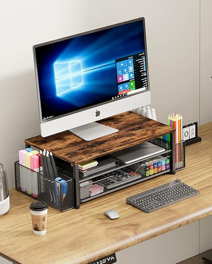 OPNICE Wood Desk Organizers and Accessories, 2-Tier Computer Monitor Stand Riser with Drawer and 2 Pen Holders, Laptop Stand, Office Desk Accessories for Office Supplies, Brown