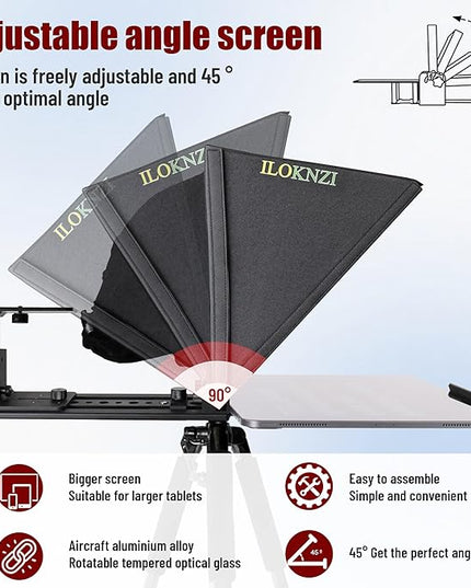 i7 /14-inch teleprompter with Remote Control, Adjustable Camera mounting Platform (Aluminum), rotatable Tempered Optical Glass, Carrying case Included.