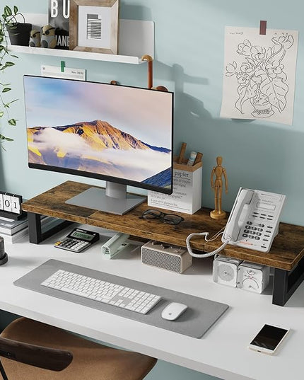 WESTREE Dual Monitor Stand Riser, Wood and Steel Monitor Stand Riser, Computer Monitor Stand for 2 Monitors, Multi-Purpose Desktop Storage Stand for Computer,Laptop,Printer,TV