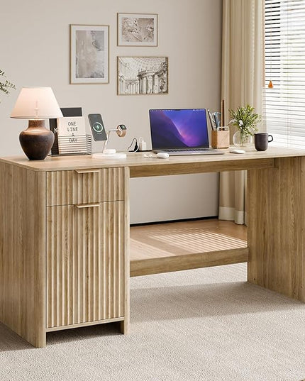 60" Fluted Home Office Desks with Storage, Modern Executive Desk Computer Desk with Drawer & Cabinet, Wood Work Desk for Office, Bedroom, Study, Living Room, Oak