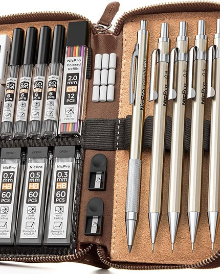 Nicpro 29PCS Metal Mechanical Pencil Set in Leather Case, 0.3 & 0.5 & 0.7 & 0.9 & 2mm Lead Pencil Holder, (6B 4B 2B HB 2H 4H) Lead Refills (Black & Colors), Erasers For Art Drafting Sketching Drawing