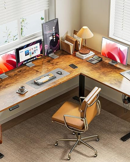 Casaottima 71 Inch Reversible Electric L Shaped Standing Desk, Height Adjustable Corner Stand up Desk, Ergonomic Large Lift Table for Home, Office, Workstation, Reception Room, Rustic Brown