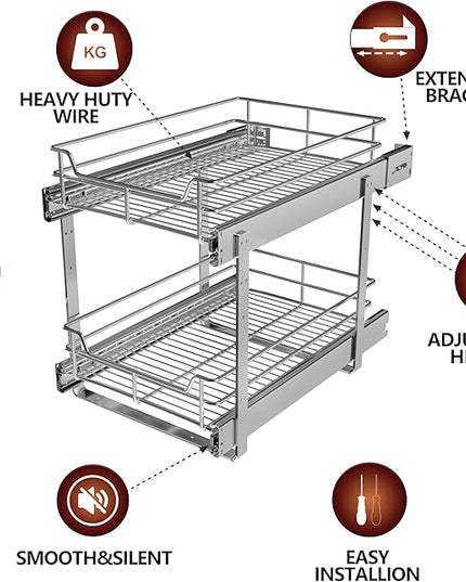 JOWBOOW 2-Tier Individual Cabinet Pull Out Shelves (9" W x 22" D), Slide Out Kitchen Panty Narrow Cabinet Storage Sliding Shelves