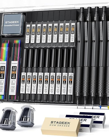 STAGEEK 35PCS Black Art Mechanical Pencil Set in Case，0.5 0.7 0.9 2.0 Graphite Metal Drawing Drafting Pencils, Sharpener Erasers 384PCS Lead Refills (6B 4B 2B HB 2H 4H Colors) for Writing Sketching