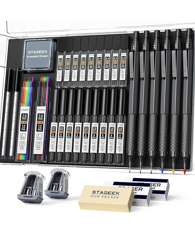 STAGEEK 35PCS Black Art Mechanical Pencil Set in Case，0.5 0.7 0.9 2.0 Graphite Metal Drawing Drafting Pencils, Sharpener Erasers 384PCS Lead Refills (6B 4B 2B HB 2H 4H Colors) for Writing Sketching