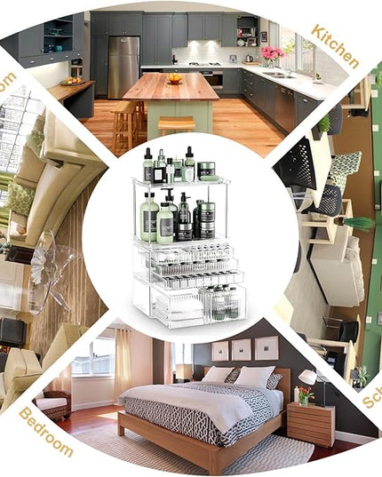 2-Tier 5-Drawer Bathroom Countertop Organizer : Multi-Purpose Makeup Organizer Countertop - Large Skincare Holder Exquisite Vanity Tray - Perfume & Skincare Storage Amber Clear