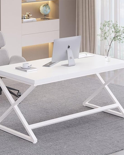 IBF White Computer Desk, Modern Home Office Desk for Writing Work Study, Simple Wooden Metal Pc Gaming Desk in Bedroom, Executive Laptop Workstation Computer Table, White Oak, 55 Inch
