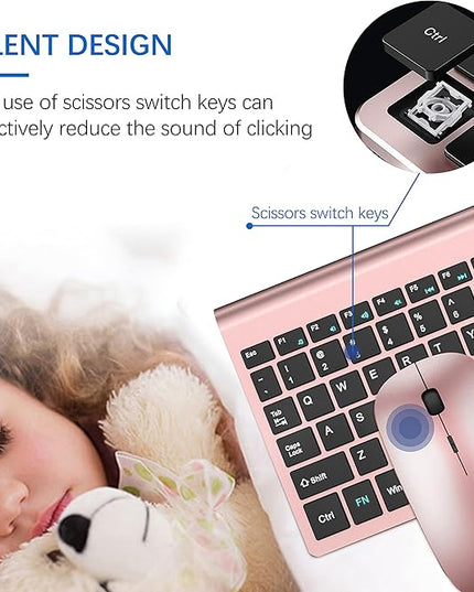 Wireless Keyboard and Mouse Ultra Slim Combo, TopMate 2.4G Silent Compact USB 2400DPI Mouse and Scissor Switch Keyboard Set with Cover, Batteries Included, for PC/Laptop/Windows/Mac - Rose Gold Black