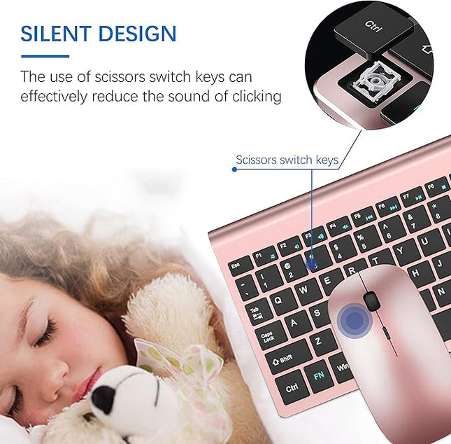 Wireless Keyboard and Mouse Ultra Slim Combo, TopMate 2.4G Silent Compact USB 2400DPI Mouse and Scissor Switch Keyboard Set with Cover, Batteries Included, for PC/Laptop/Windows/Mac - Rose Gold Black