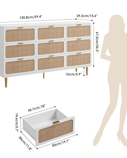 Garvee Rattan Dresser with 9 Drawers, Tall Modern Closet with Deep Storage, Large Chest of Drawers with Wide Top, Long Wooden Dresser for Bedroom, Living Room, Hallway, Kids Room, White