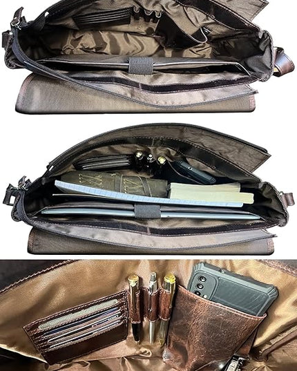Leather Messenger Bag for Men 14" Leather Laptop Bag Vintage Crossbody Office Satchel Travel Shoulder Bag