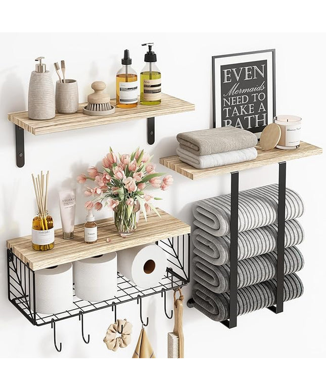 Fixwal Bathroom Floating Shelves Over Toilet Wall Shelves Set with Towel Storage Rack for Bathroom Organization & Wall Decor(Rustic Brown)