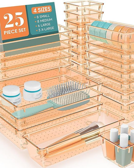 WOWBOX 25 PCS Plastic Drawer Organizer Set, 4 Sizes Desk Drawer Divider Organizers and Storage Bins for Makeup, Jewelry, Gadgets for Kitchen, Bedroom, Bathroom, Office, Clear Orange