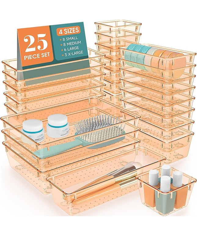 WOWBOX 25 PCS Plastic Drawer Organizer Set, 4 Sizes Desk Drawer Divider Organizers and Storage Bins for Makeup, Jewelry, Gadgets for Kitchen, Bedroom, Bathroom, Office, Clear Orange