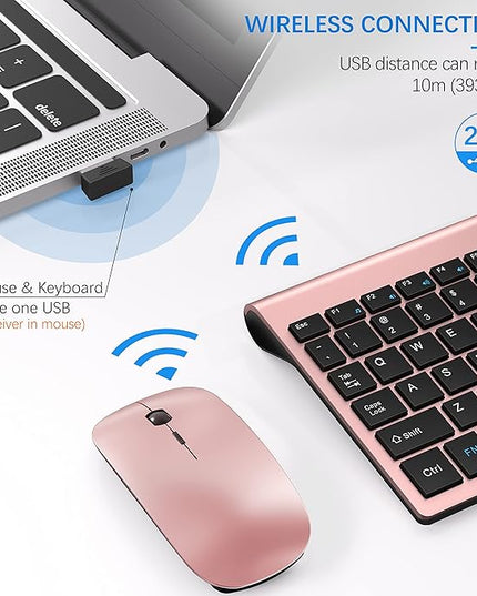 Wireless Keyboard and Mouse Ultra Slim Combo, TopMate 2.4G Silent Compact USB 2400DPI Mouse and Scissor Switch Keyboard Set with Cover, Batteries Included, for PC/Laptop/Windows/Mac - Rose Gold Black