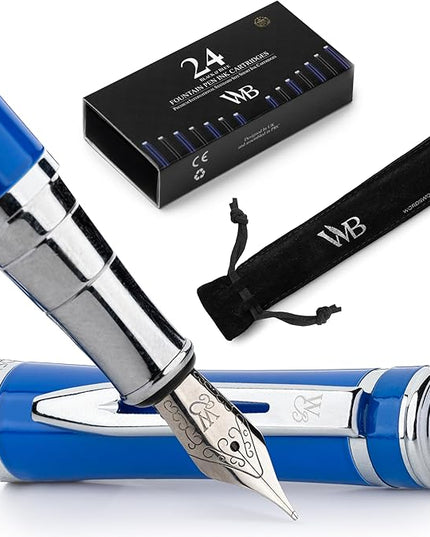 Wordsworth & Black Fountain Pen Set, Medium Nib, Includes 24 Pack Ink Cartridges, Ink Refill Converter & Gift Pouch, Chrome Finish, Calligraphy, [Imperial Blue], Perfect for Men & Women