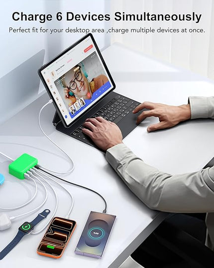 USB C Fast Charger, 100W GaN 6 Port Type C Charging Station Hub Block Cube, USB C Wall Charger Power Strip Adapter Plug for iPad iPhone 17 16 15 14 13 12 Pro Max Pixel Note Galaxy, 5ft Cord