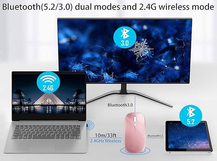 Wireless Bluetooth Mouse Rechargeable Laptop Mice with LED Lights Silent Slim Use(BT5.2 & 2.4G Portable USB) Dual Mode Computer Mouse for Laptop/iPad/Tablet/Apple/Computer/Mac(Rose Gold)