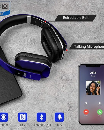 August EP650 Bluetooth Wireless Over-Ear Headphones with aptX Low Latency, NFC, Multipoint Pairing, Wired Option, Built-in Microphone - Blue