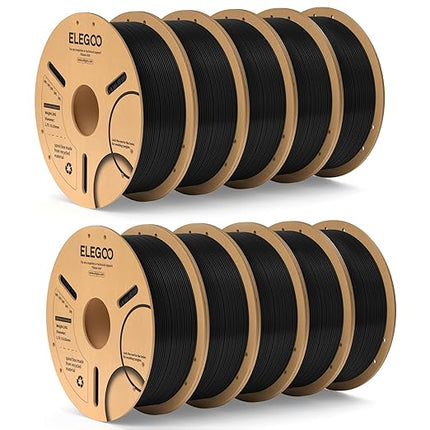 ELEGOO PLA Filament 1.75mm Black 10KG, 3D Printer Filament Bulk Dimensional Accuracy +/- 0.02mm, 10 Pack 1kg Cardboard Spool(2.2lbs) 3D Printing Filament Fits for Most FDM 3D Printers