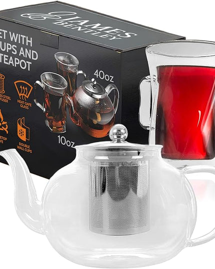 James Bentley Glass Coffee and Tea Set – Borosilicate Glass Teapot Set for Adults with 40oz Teapot & 4 Insulated Glasses, Stainless Steel Strainer for Bags and Loose Tea– Microwave, Dishwasher Safe