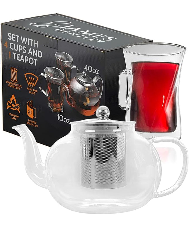 James Bentley Glass Coffee and Tea Set – Borosilicate Glass Teapot Set for Adults with 40oz Teapot & 4 Insulated Glasses, Stainless Steel Strainer for Bags and Loose Tea– Microwave, Dishwasher Safe