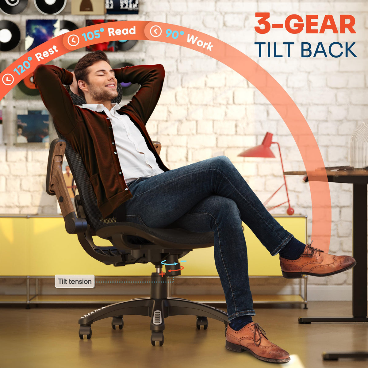 GABRYLLY Ergonomic Office Chair, High Back Home Desk Chair with 2D Flip-Up Arms, 3D Headrest, 90-120° Tilt and Wide Cushion, Big and Tall Mesh Chairs for Man Woman, Computer Task Chair Dark Wood Grain