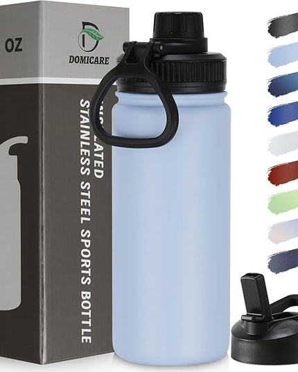 DOMICARE 16 oz Kids Water Bottle for School Stainless Steel Double Wall Vacuum Insulated Water Bottle with Straw lids & Spout Lid, Leakproof BPA Free (Light Blue,1)