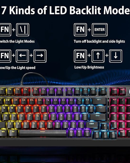 HUO JI Mechanical Gaming Keyboard Wired, 17 LED Backlit Modes, Liner Red Switch, Volume Knob, Anti-Ghosting, Double-Shot Shine Through Keycaps, 96% Light Up Keyboard for PC Mac