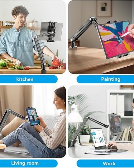 Adjustable Portable Monitor Stand 15.6" - 360° Rotating Base Tall Tablet Desk Arm Holder Stand for iPad Air/Pro/Mini Swivel Flexible Bed Clamp Mount Soporte para Tablet/Monitor Portatil/Ereader