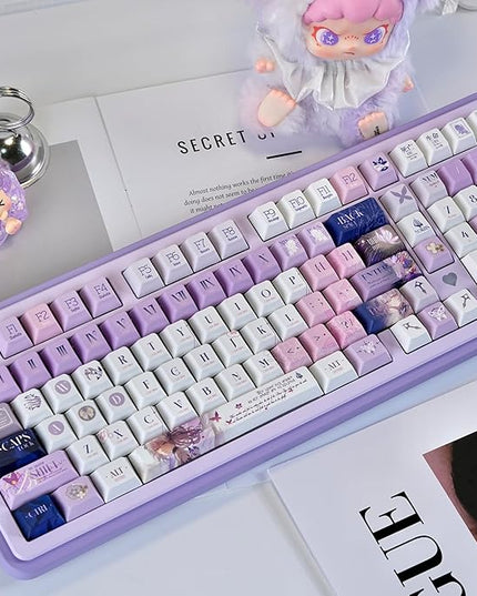 PBT Custom Keycaps 130 Keys, Japanese Anime Purple Keycaps Cherry Profile Dye Sublimation Keycap, Manga Style Key Cap Set for 60% 65% 75% TKL 100% Mechanical Keyboard