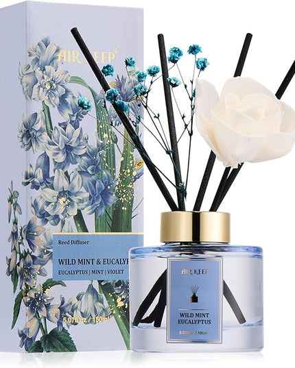 Airkeep Flower Reed Diffusers Set, 5.07 oz Wild Mint&Eucalyptus Scented Oil Diffuser with 8 Reed Sticks, Home Fragrance Diffuser Gift Set for Bathroom & Office Decor 150ml