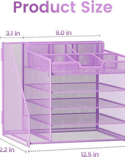 Lavatino 5-Tier Metal Mesh Desk Organizer with File Holder & 7 Customizable Compartments | Paper Letter Tray for Office or Home Desk Storage | Keep Workspace Supplies Neat & Organized, Purple