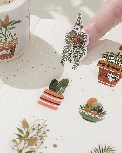 WT Green Oasis Washi Sticker Set, 3 Rolls, Original Designs, Pastel Decorative, Plants Sticker, Gold Foil, Bujo Planner Supplies, DIY Paper Stickers