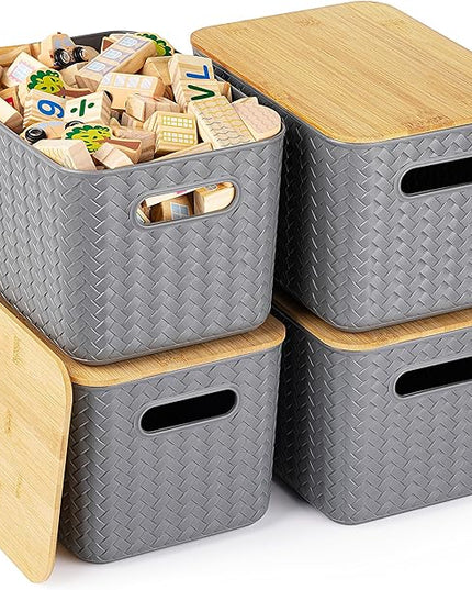 4 Packs Storage Bins with Bamboo Lids - Plastic Storage Containers with Lids Stackable Storage Box：Storage Baskets for Organizing Desktop Closet Playroom Classroom Office,Gray