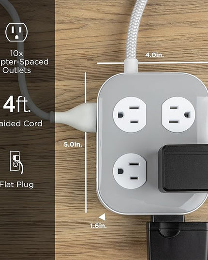 GE UltraPro 10-Outlet Surge Protector, 2100 Joules, 4ft Braided Extension Cord, Flat Plug, Power Strip with Wide-Spaced Outlets, Gray/White, 84860