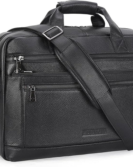 Masa Kawa Men’s Leather Briefcase for 16" Laptop Waterproof Crossbody Shoulder Messenger Bag Computer Attache Case for Business Travel Work, Black