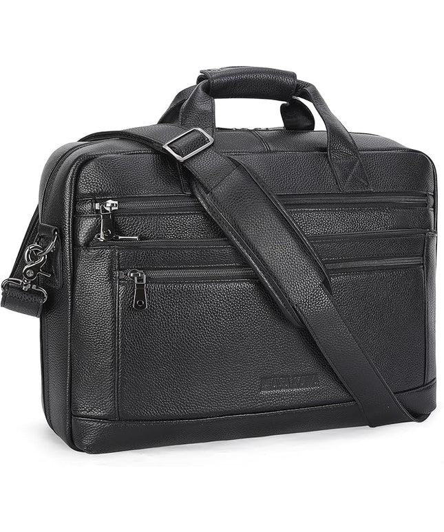 Masa Kawa Men’s Leather Briefcase for 16" Laptop Waterproof Crossbody Shoulder Messenger Bag Computer Attache Case for Business Travel Work, Black