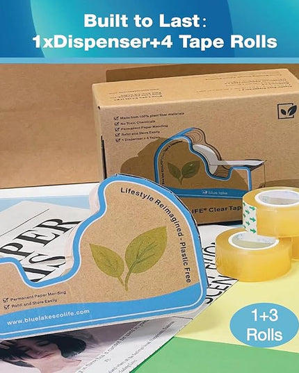Tape Dispenser Desk，Plastic-Free Tape Dispenser with 4 Rolls 3/4 in x 640 in Transparent Tape, Tape Dispenser Desk for Gift Wrapping, Office, Home, School