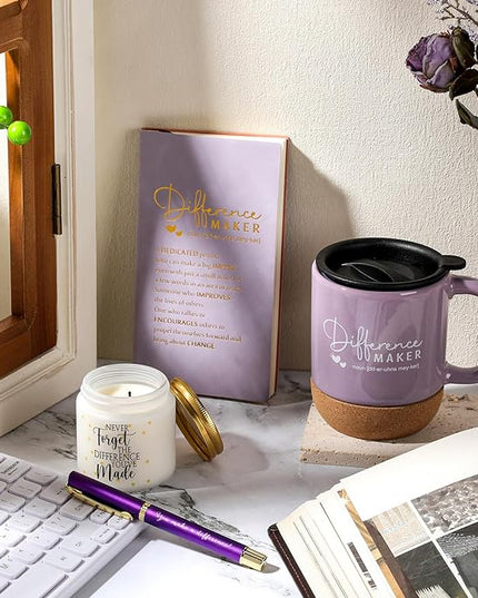 4 Pcs Difference Maker Gift for Women Men Teacher Employee Appreciation Gift for Coworker Staff Coach Difference Maker Mug Notebook Scented Candle Motivational Ballpoint Pen for Valentines(Purple)