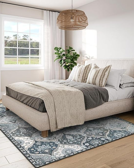 Lahome Moroccan Washable Living Room Rug, 5x8 Rugs for Bedroom Dining Room, Soft Non-Slip Non Shedding Boho Distressed Throw Carpet for Nursery Office, Blue
