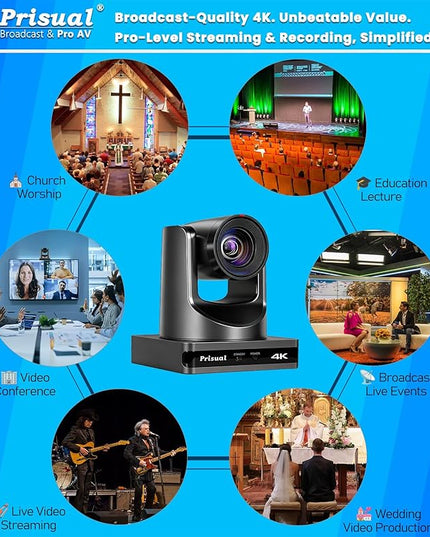 Prisual 4K HDMI/IP/USB PTZ Camera 20X, Advanced PTZ Auto Tracking Camera, 1/1.8”4K UHD 30P with Built-in Tally Light for Church Conference Events, PoE, PT20X-4K (NDI upgradable)