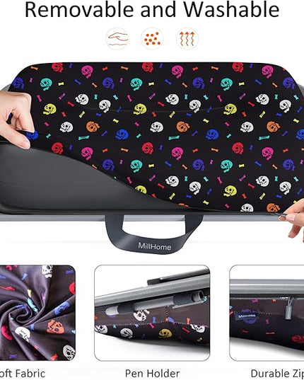 Millhome Lap Desk | Portable Laptop Desk – Fits Up to 17.3" Laptops – Detachable & Washable Cushion, Phone Holder, Device Ledge – for Writing, Working, Reading on Bed, Couch, Sofa, Floor – Black Skull