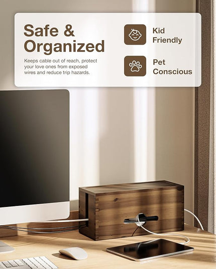 Acacia Large Cable Management Box - 15" L Cord Box Hider, Power Strip Box for Office - Cable Hider Box, Surge Protector Box - Wire Box Hider for Desk - 3 Open Slots, Magnetic Lid (Walnut color)